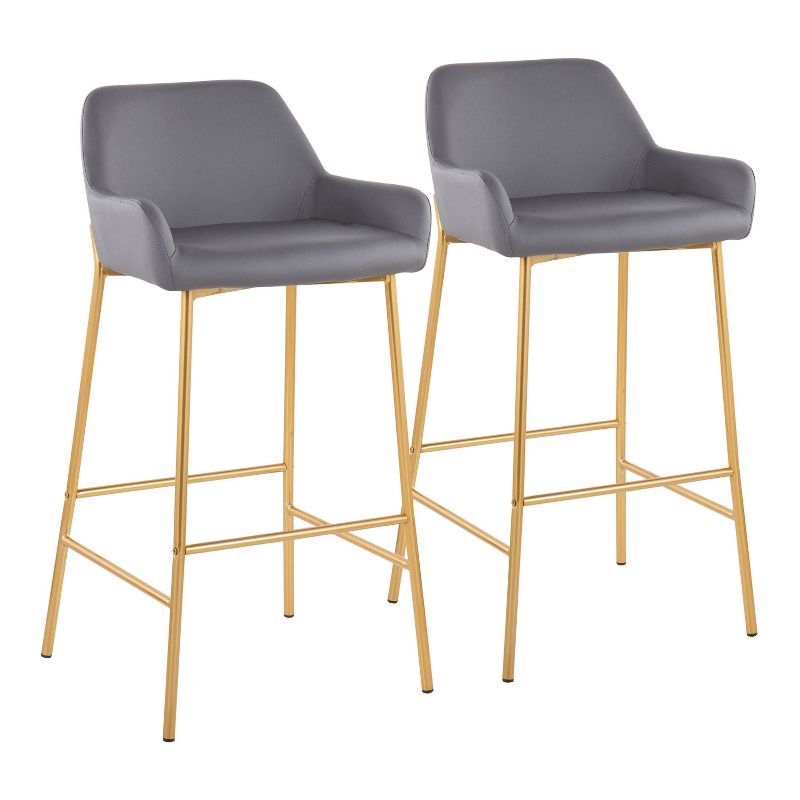 Set of 2 Gold Metal and Gray Faux Leather Bar Stools