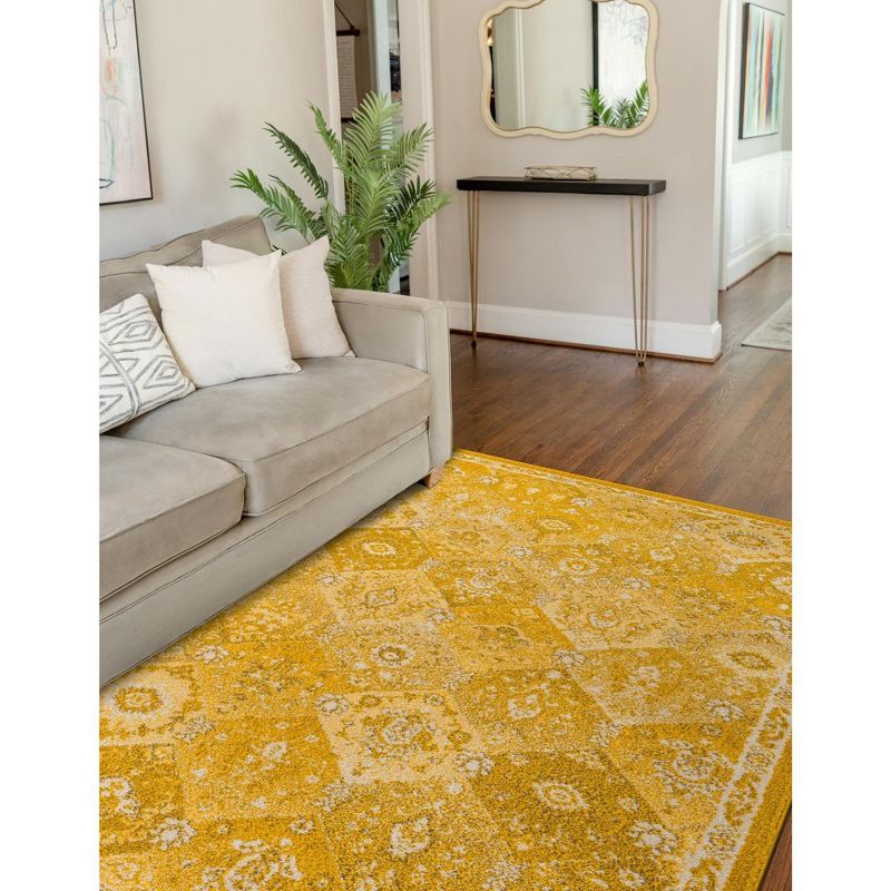 Yellow and Beige Geometric Rectangular Synthetic Rug