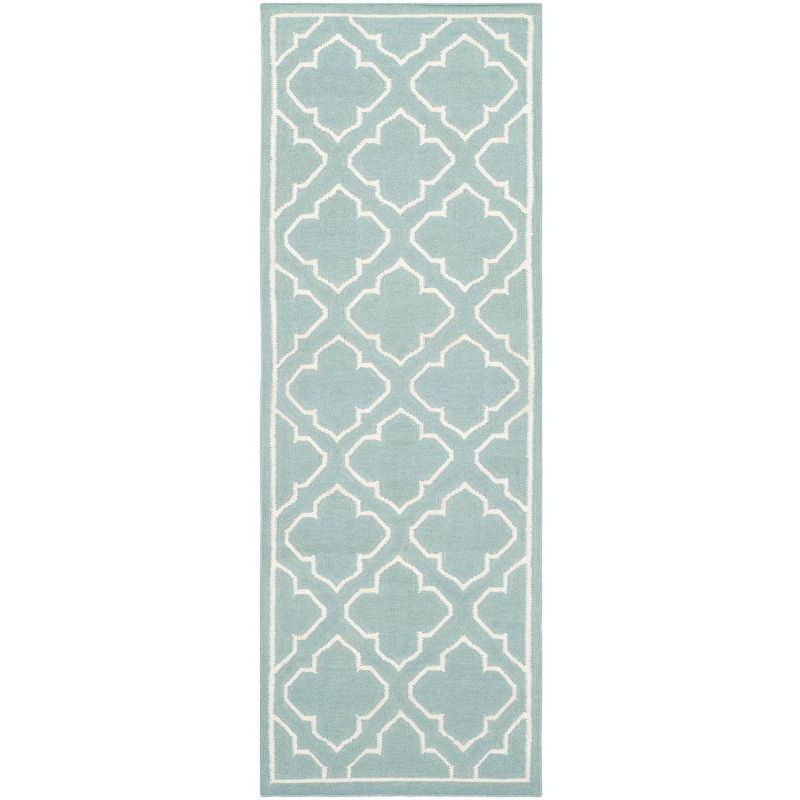 Blue and Ivory Handwoven Wool Geometric Runner Rug