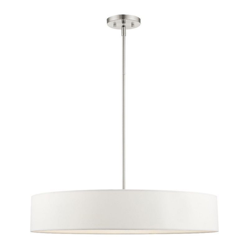 Elegant Brushed Nickel 5-Light Drum Pendant with Crystal Accents and Off-White Shade