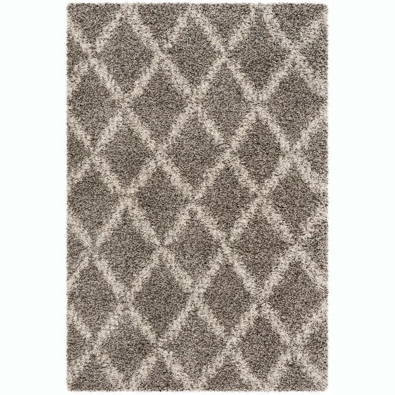 Ivory and Grey Geometric High Pile Shag Area Rug