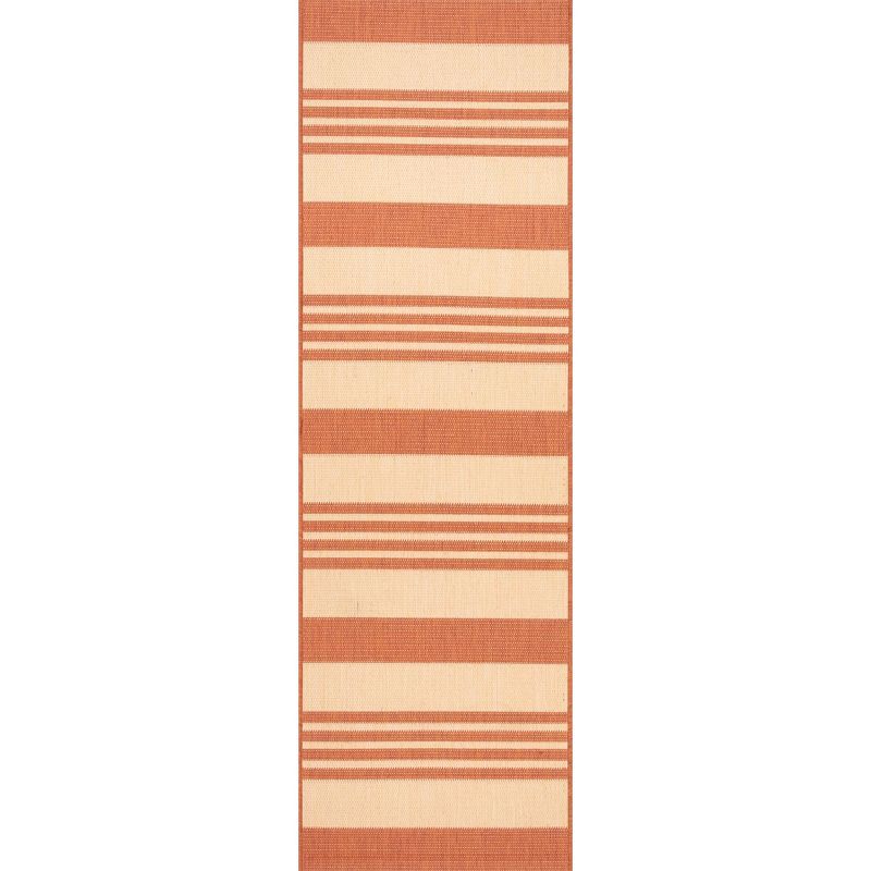 Terracotta and Beige Striped Synthetic Reversible Runner Rug