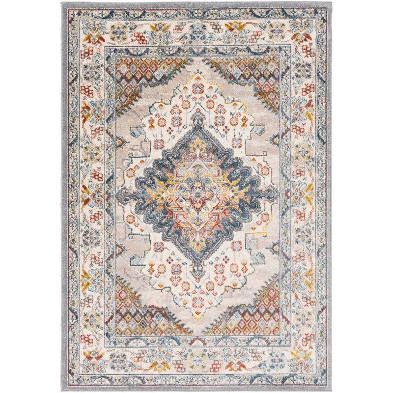 Gray and Beige Polypropylene Traditional Medallion Area Rug