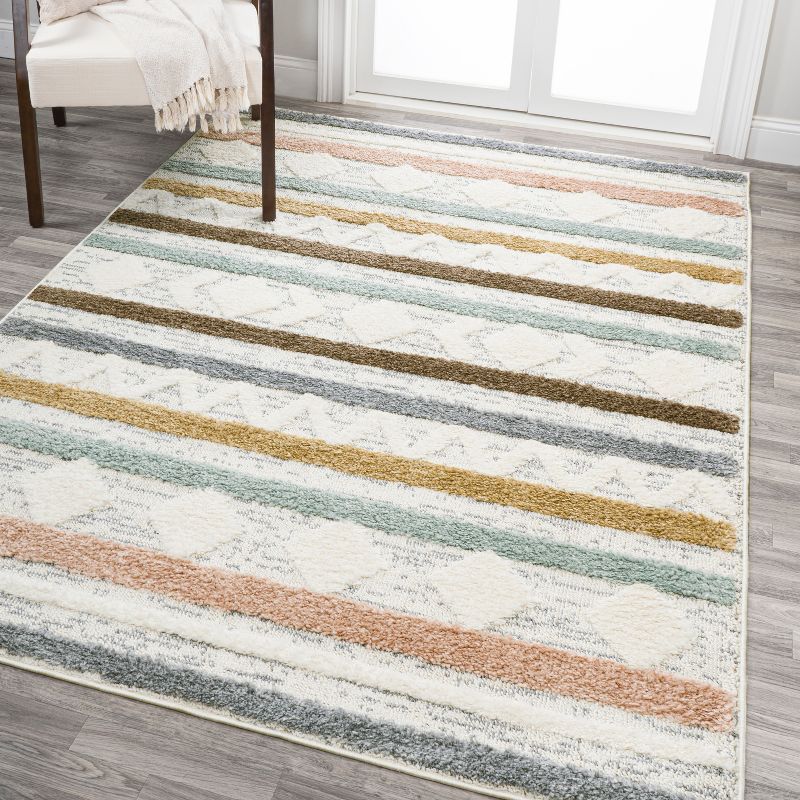 Gray and Multicolor Striped Synthetic 4' x 6' Area Rug