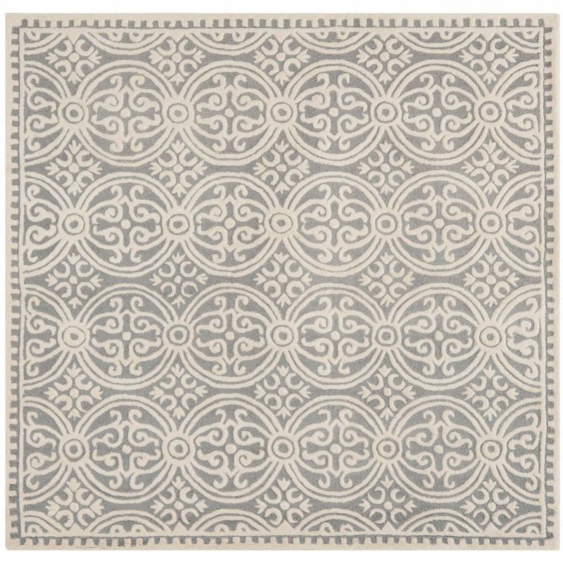 Handmade Silver and Ivory Square Wool Tufted Rug