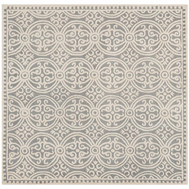 Handmade Silver and Ivory Square Wool Tufted Rug