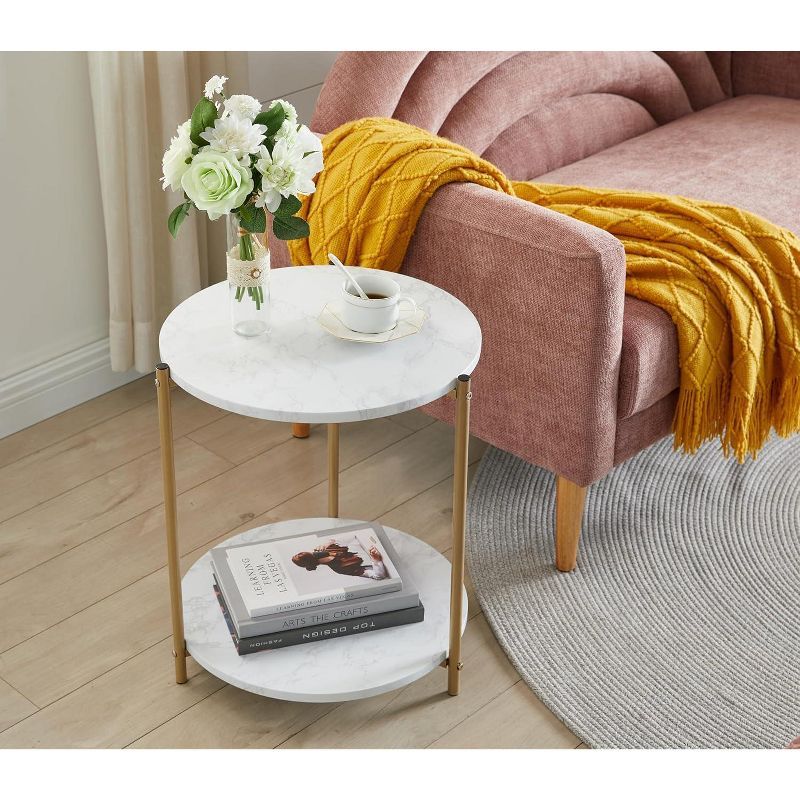 White Faux Marble and Gold Round Side Table with Storage Shelf