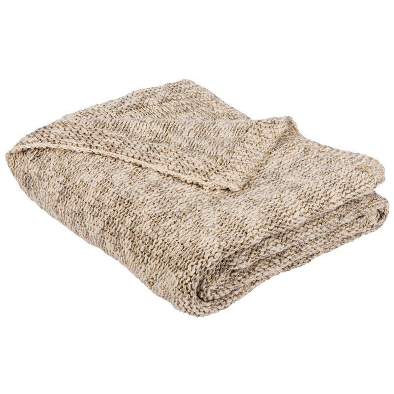 Beige and Gray Knitted Cotton Throw Blanket, 60" x 50"