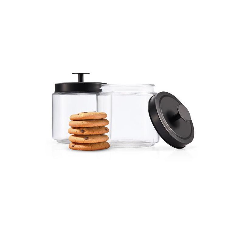 Clear Glass Round Kitchen Canister Set with Black Lids, 50 oz, Set of 2