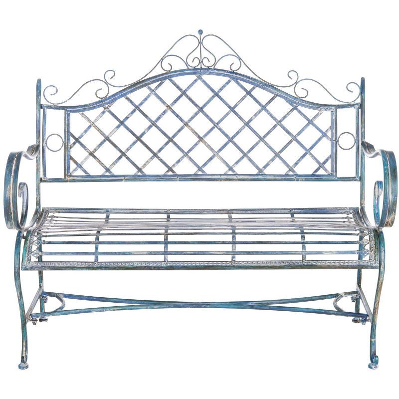 Antique Blue Wrought Iron Outdoor Garden Bench 45.75 Inch