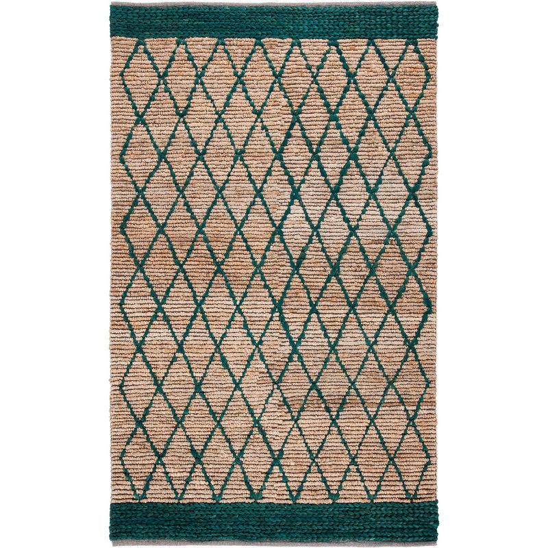 Hand-Knotted Boho Chic Geometric Cotton Rug in Natural/Dark Green - 4' x 6'