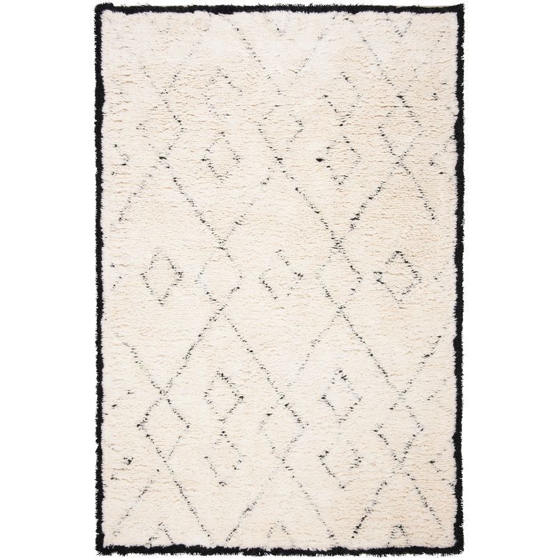 Ivory and Black Geometric Wool Shag Area Rug 3' x 5'