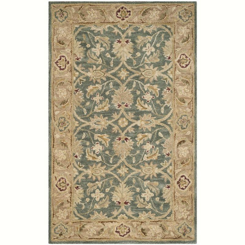 Teal Blue and Taupe 4' x 6' Handmade Wool Area Rug