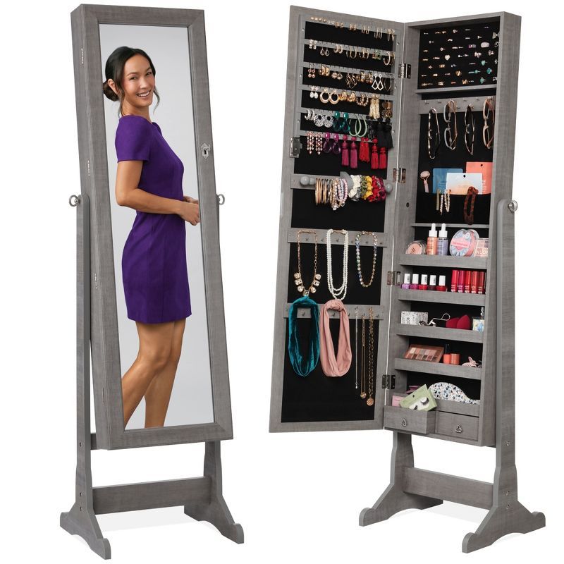 Gray Oak Freestanding Jewelry Armoire with Full-Length Mirror