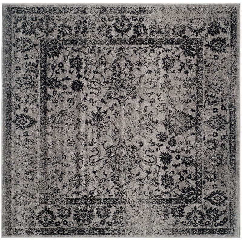 Chic Grey & Black Floral 8' Square Synthetic Area Rug