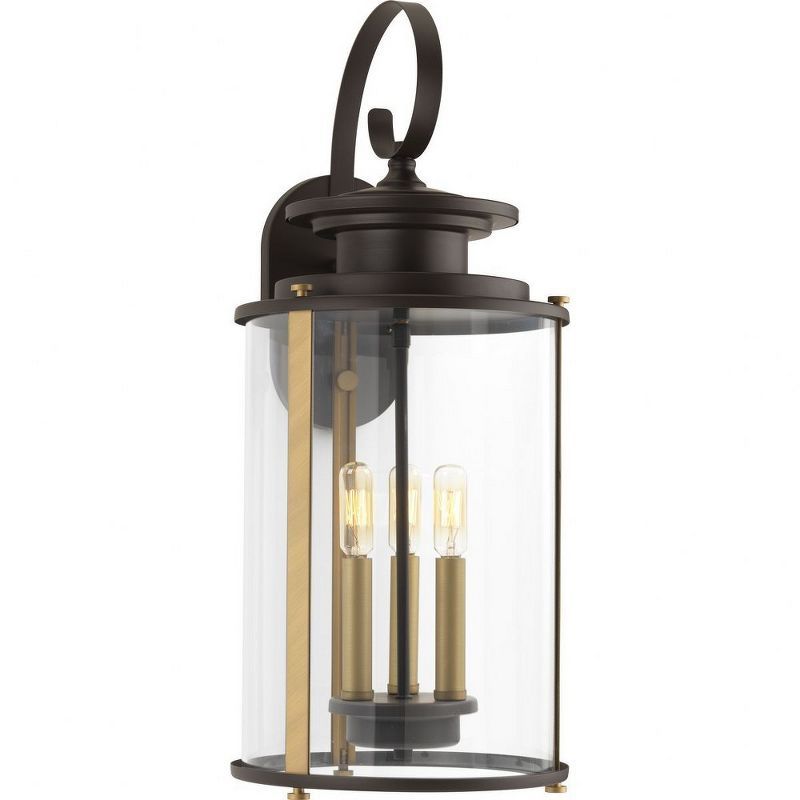 Antique Bronze and Brass 3-Light Large Wall Lantern with Clear Glass Shade