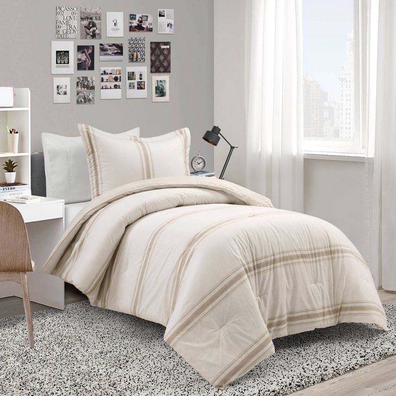 Neutral Twin XL Cotton Reversible Comforter and Sham Set