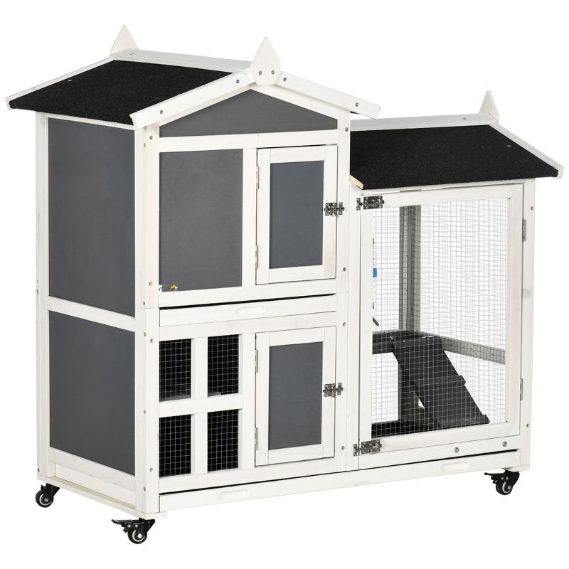 Gray and White Fir Wood Two-Story Rabbit Hutch with Wheels