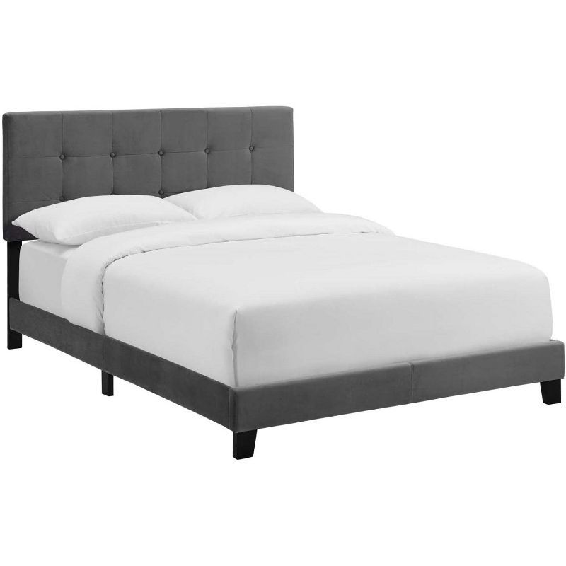 Elegant Gray Velvet Upholstered Full Platform Bed with Tufted Headboard
