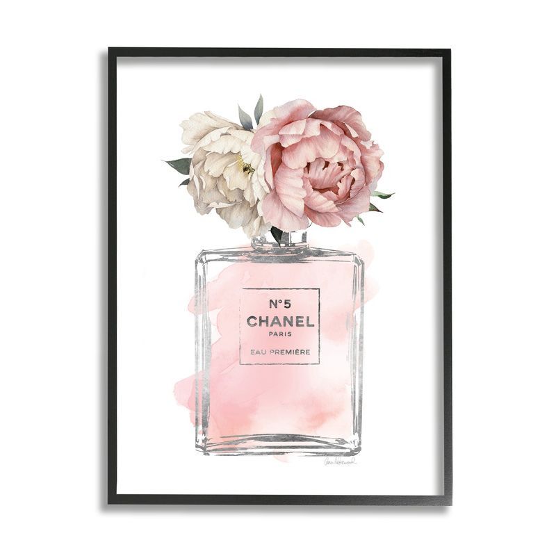 Vintage Floral Perfume Bottle Canvas Print in Black Frame