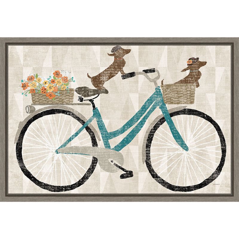 Doxie Ride VI Framed Canvas Print with Blue Bicycle