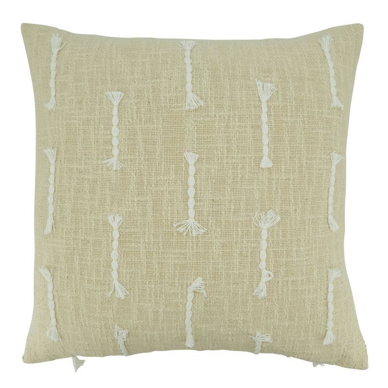 20" Beige Cotton Frayed Stitch Line Throw Pillow Cover