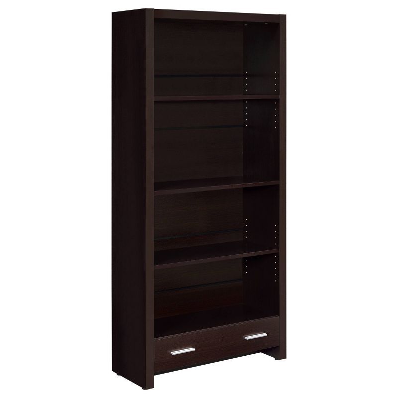 Transitional Skylar 70.75" Cappuccino Wood Bookcase with Storage Drawer