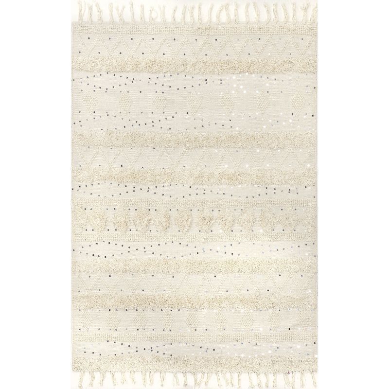 Ivory Hand-Tufted Wool Rectangular Area Rug with Sequins