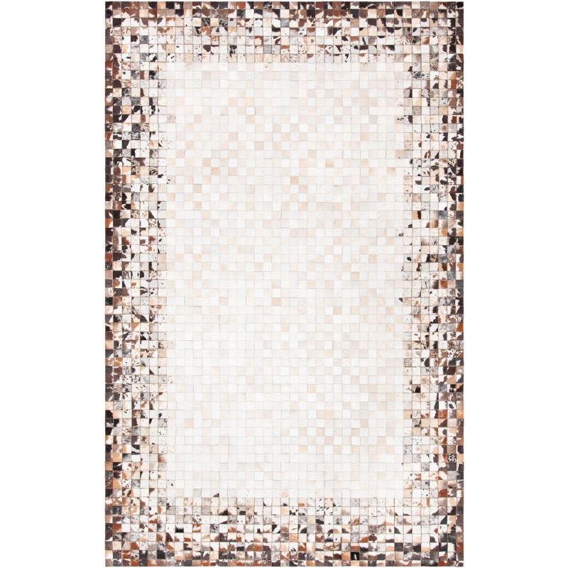 Hand-Knotted Beige and Brown Geometric Cowhide Area Rug