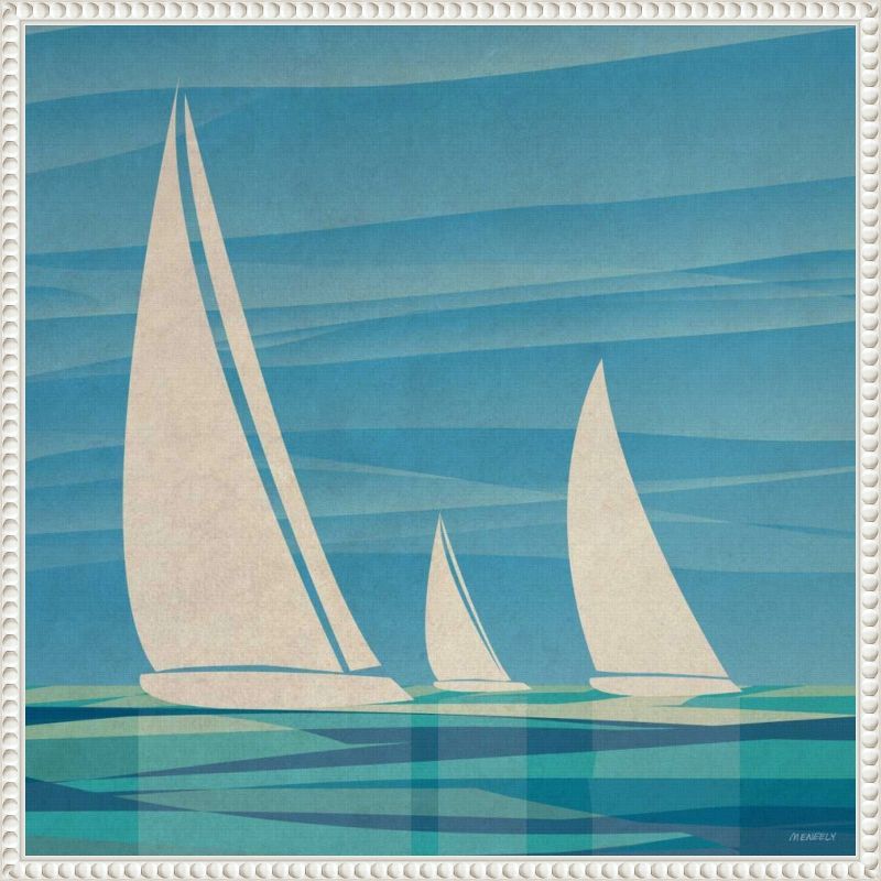 Teal Waters Sailing Boat Canvas Print with Beaded Frame