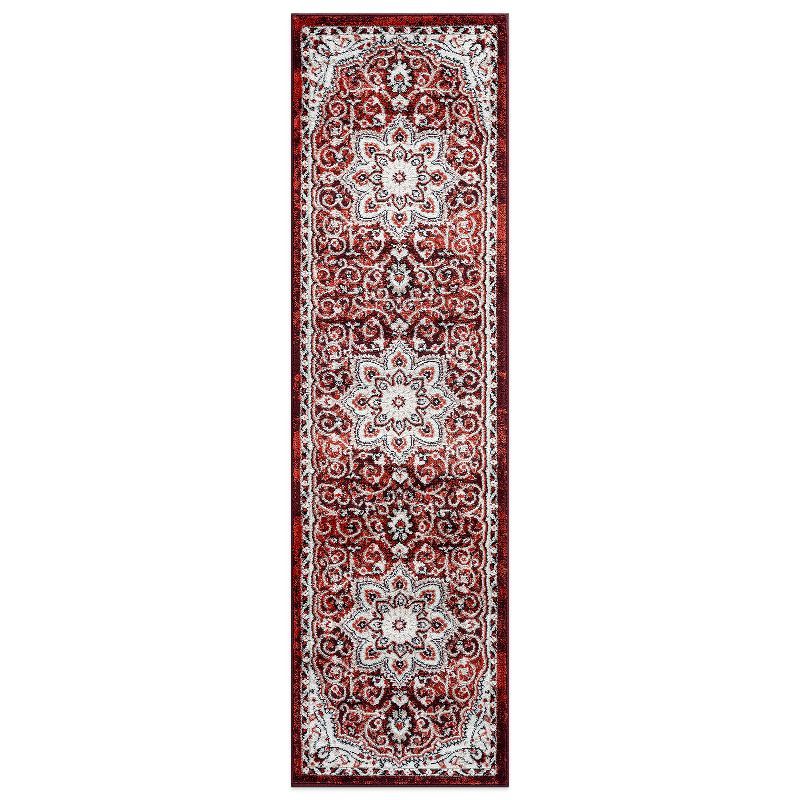 Red and Ivory Traditional Medallion Stain-Resistant Runner Rug