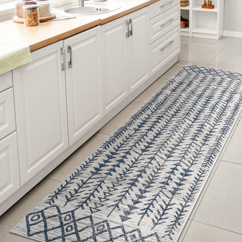 Moroccan-Inspired Ivory and Blue Geometric Synthetic Area Rug - Easy Care