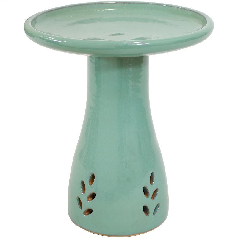 Seafoam Glazed Ceramic Hand-Painted Outdoor Bird Bath Stand