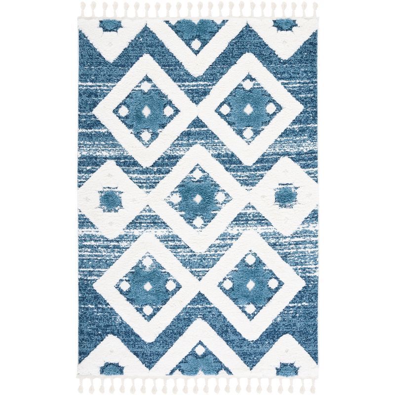 Blue and Ivory Diamond Shag Area Rug with Braided Tassels