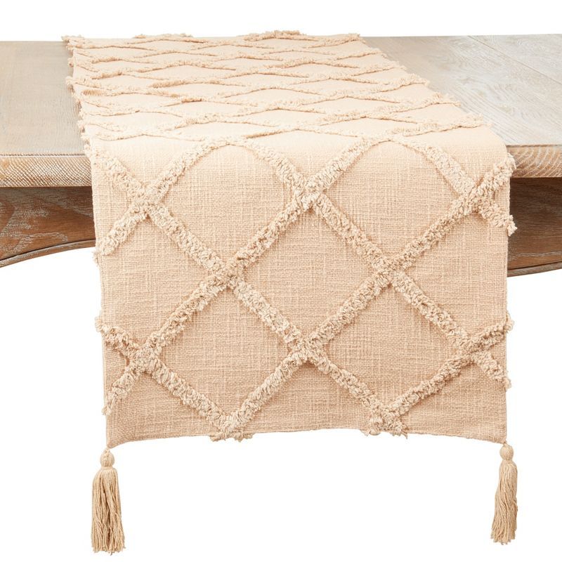 Beige Cotton Diamond Tufted Table Runner with Tassels