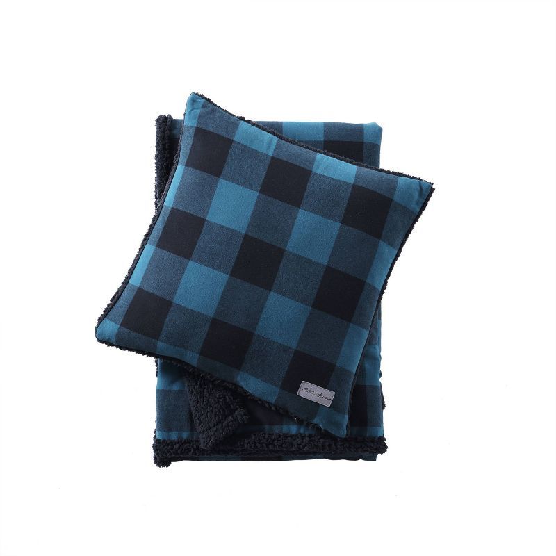 Blue and Black Plaid Reversible Fleece Pillow and Throw Set