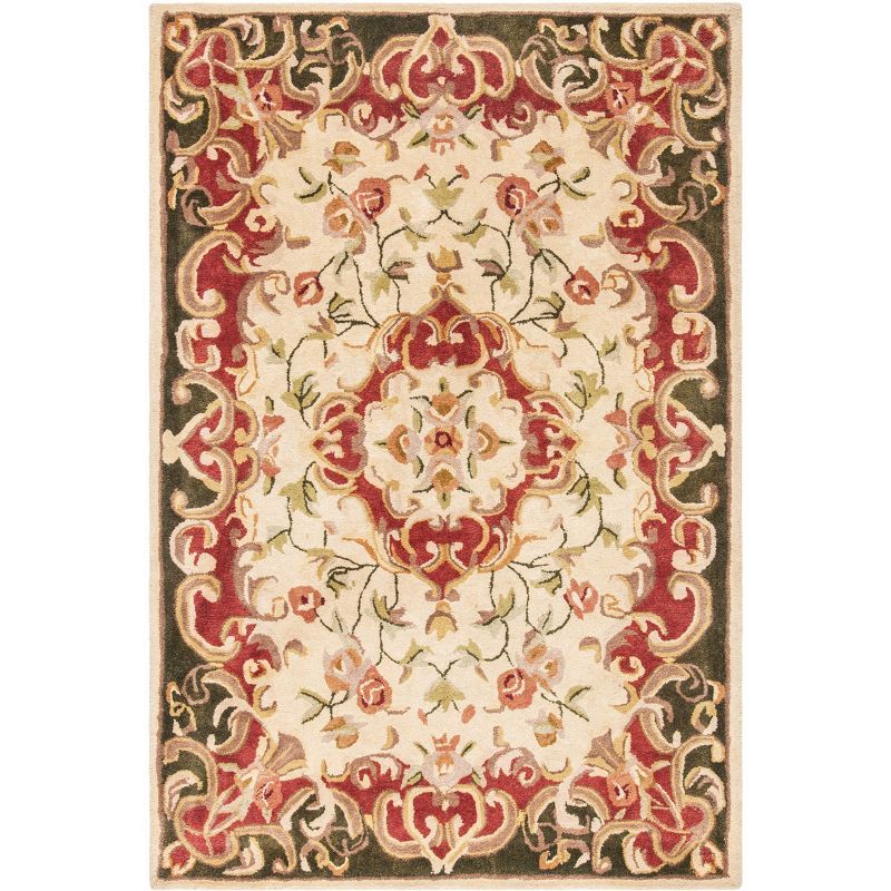 Ivory and Green Hand-Tufted Wool 4' x 6' Area Rug