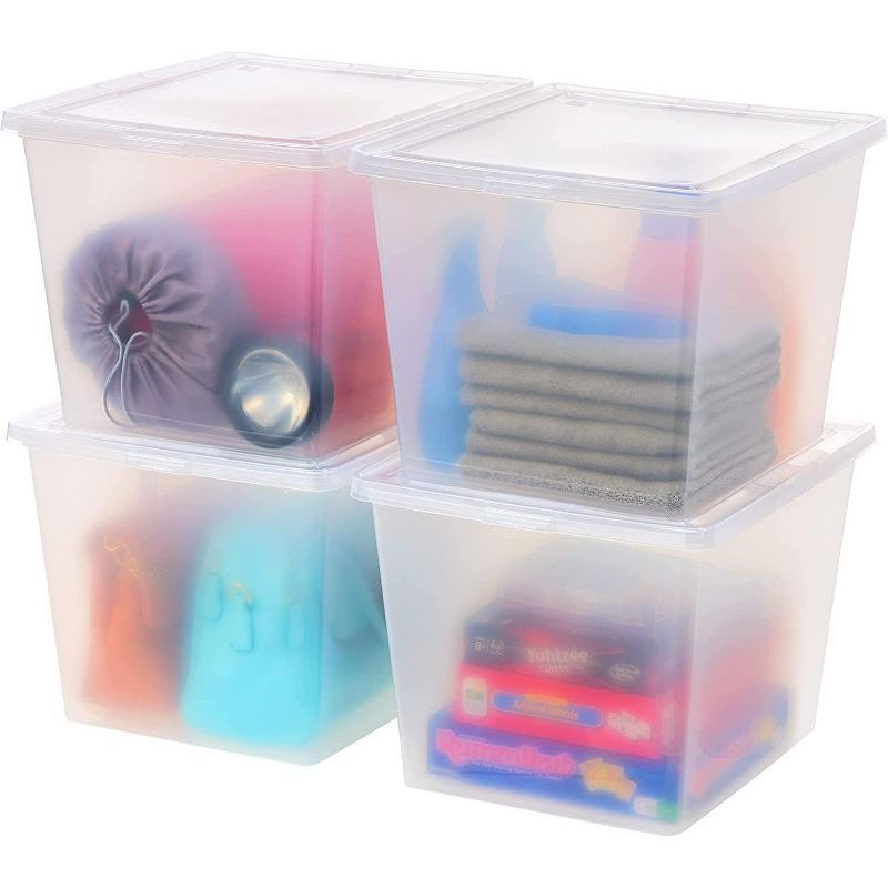 Clear Plastic Stackable Lidded Storage Boxes, 36qt, 4 Pack