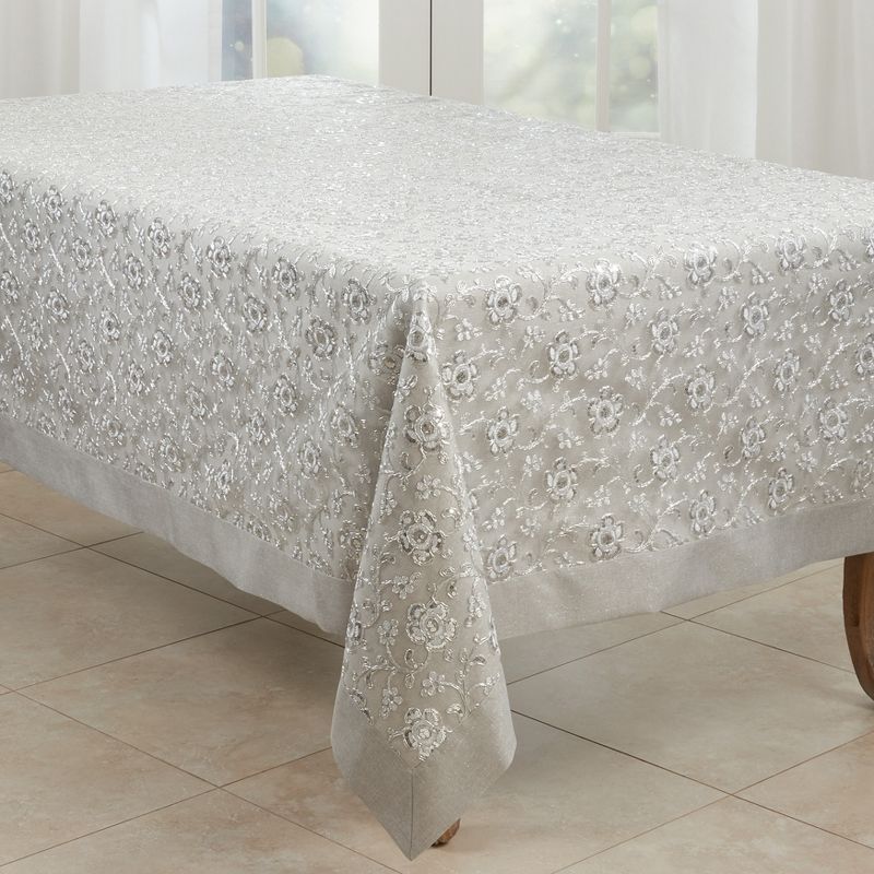 Silver Floral Embroidered Rectangular Tablecloth 65" x 120"