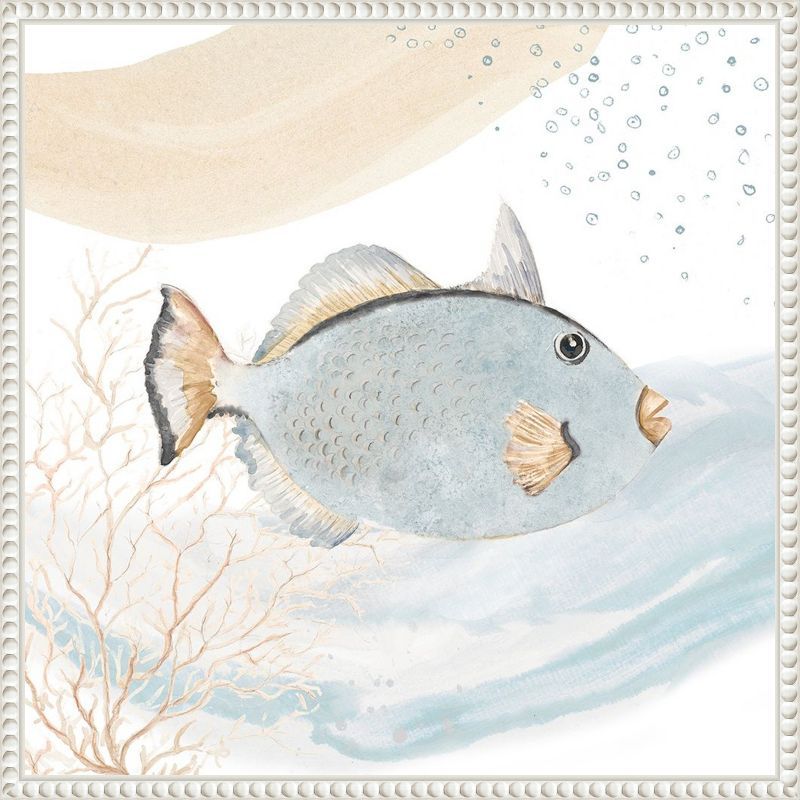 Ocean Oasis Blue Fish Canvas Art with White Beaded Frame