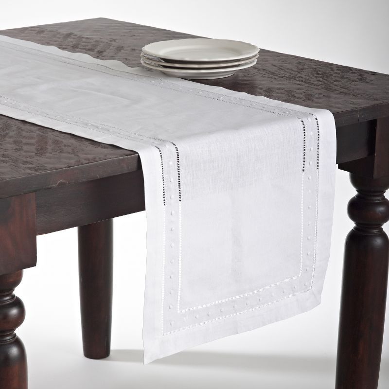 White Cotton Linen Embroidered Hemstitch Table Runner