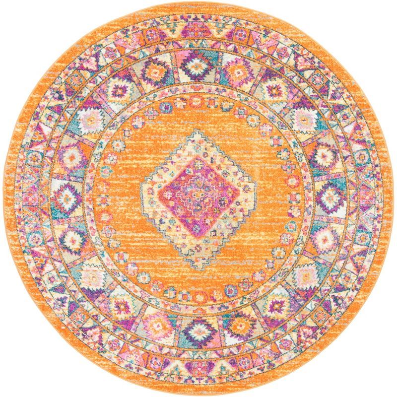 5'1" Round Orange and Fuchsia Synthetic Boho Chic Medallion Rug