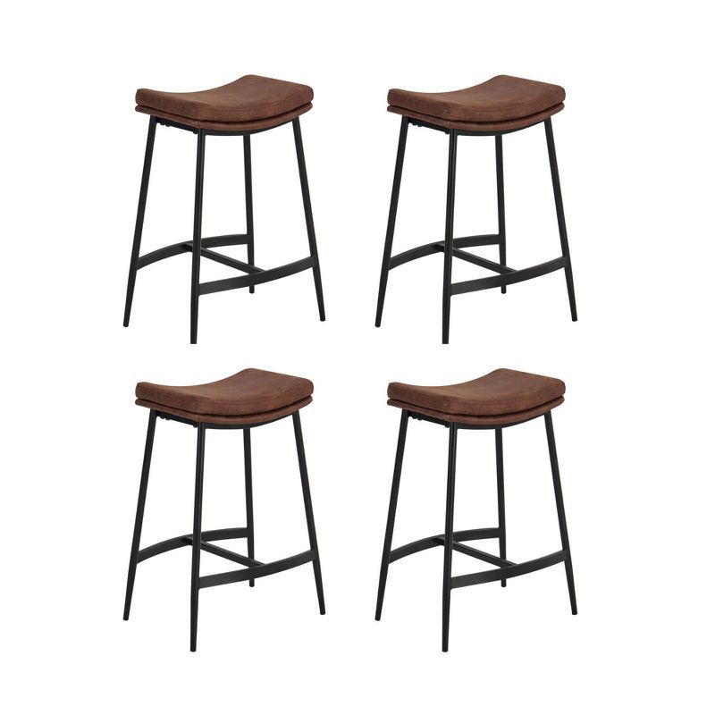 Brown Faux Leather Saddle Seat Backless Bar Stools with Matte Black Metal Frame, Set of 4