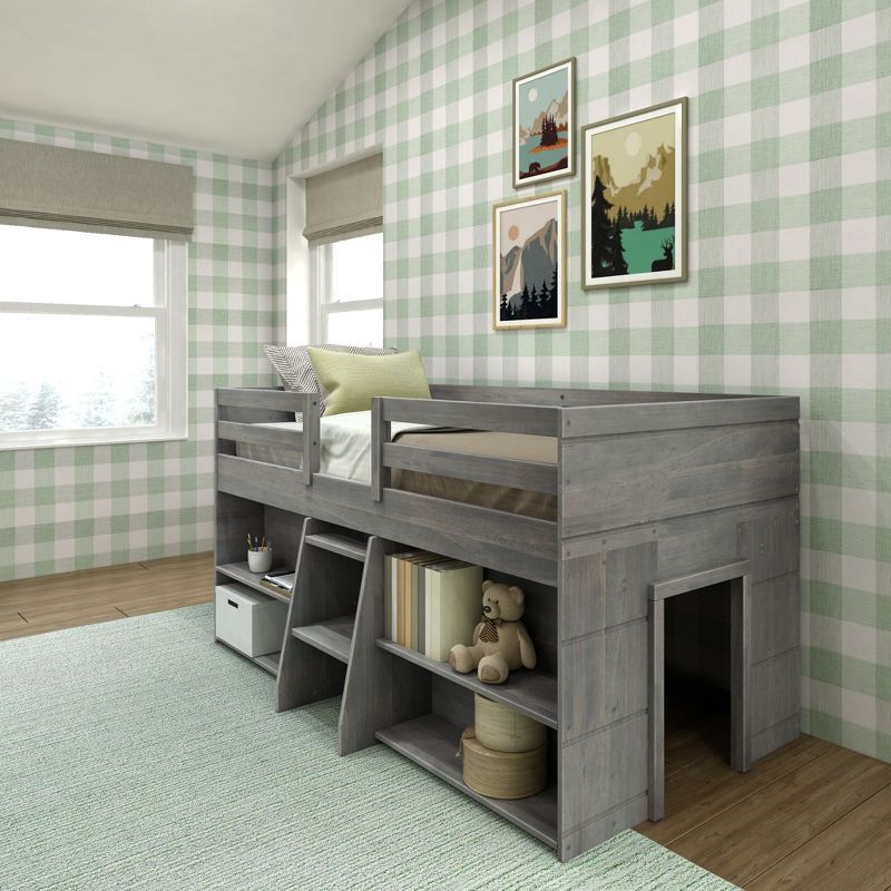 Driftwood Twin Loft Bed with Pine Wood Frame and Bookcases