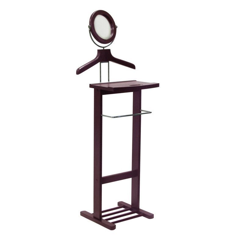 Espresso Brown Wood Valet Stand with Mirror and Storage