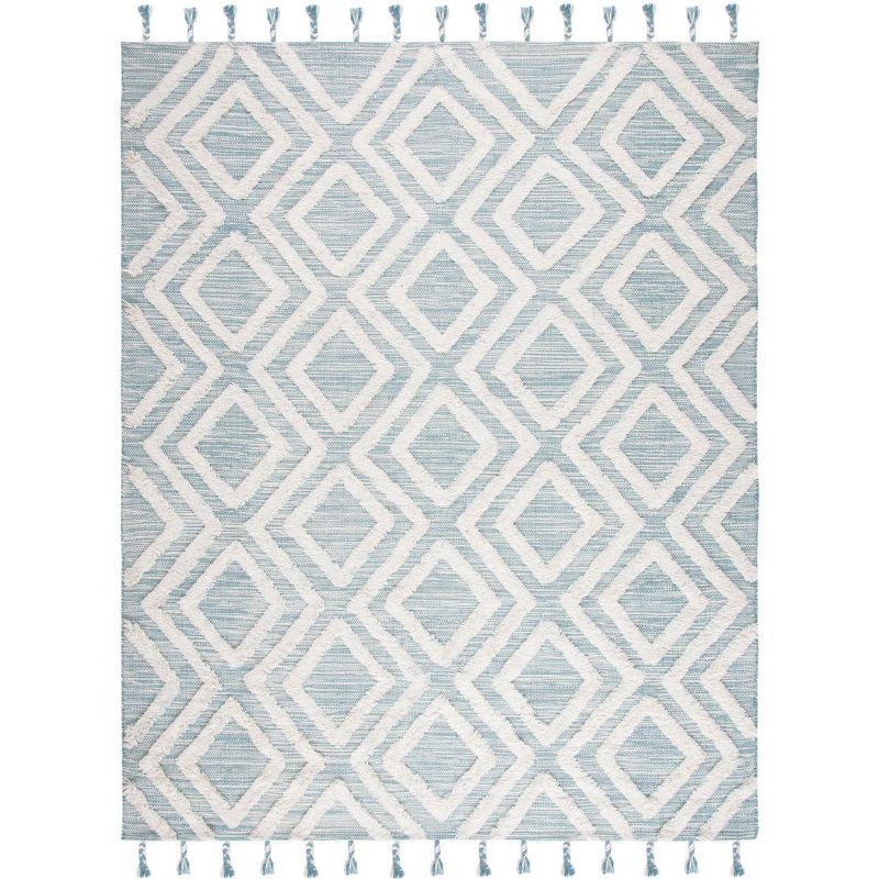 Ivory and Aqua Hand-Knotted Wool Rectangle Rug with Fringe