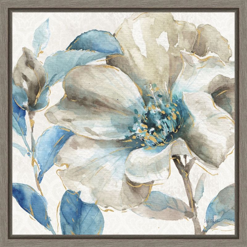 Indigo and Gold Floral Watercolor Canvas Print with Gray Frame