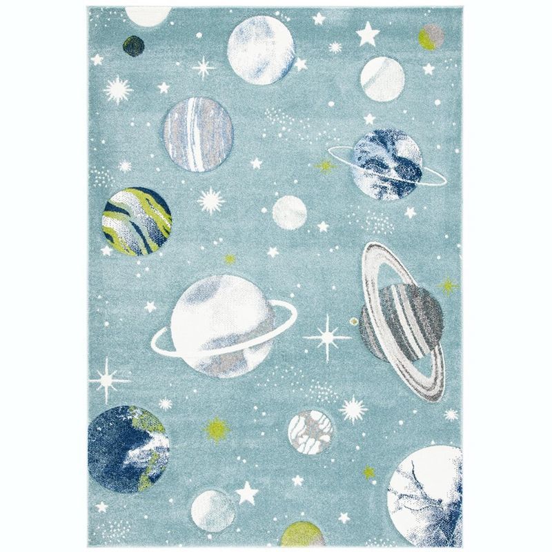 Teal and Ivory Round Kids Planet Rug, 5'3" x 7'6", Synthetic