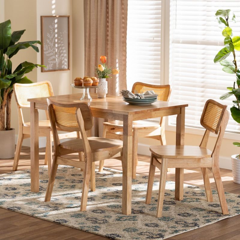 Mid-Century Modern Oak Brown Wood and Rattan 5-Piece Dining Set