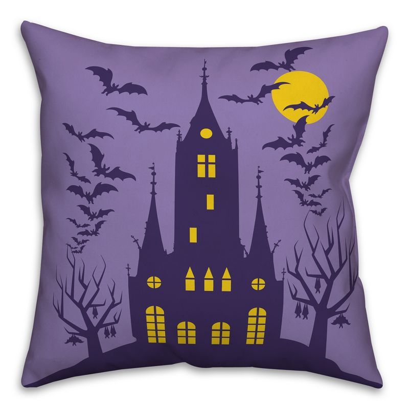 Purple and Yellow Haunted House Halloween Square Pillow